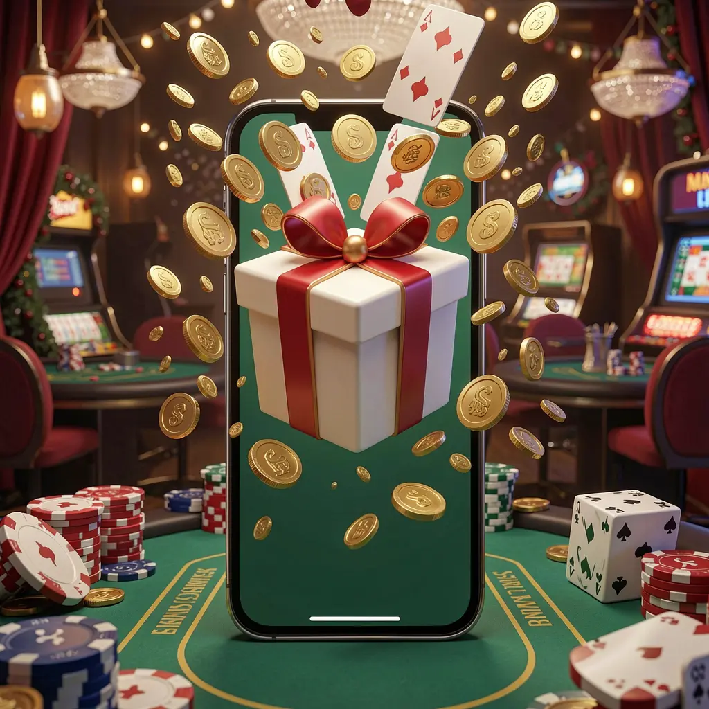 60DB mobile casino bonus app concept showing a phone screen with a gift box and coins bursting out in a festive casino atmosphere