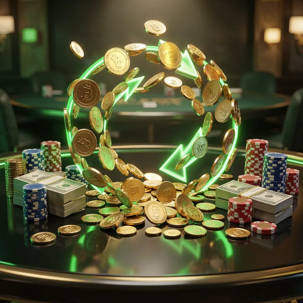 60DB casino cashback bonus visual featuring golden coins returning in a circular arrow motion with poker chips and cash bundles on a glossy dark table illuminated by glowing green and gold accents in a premium online casino style