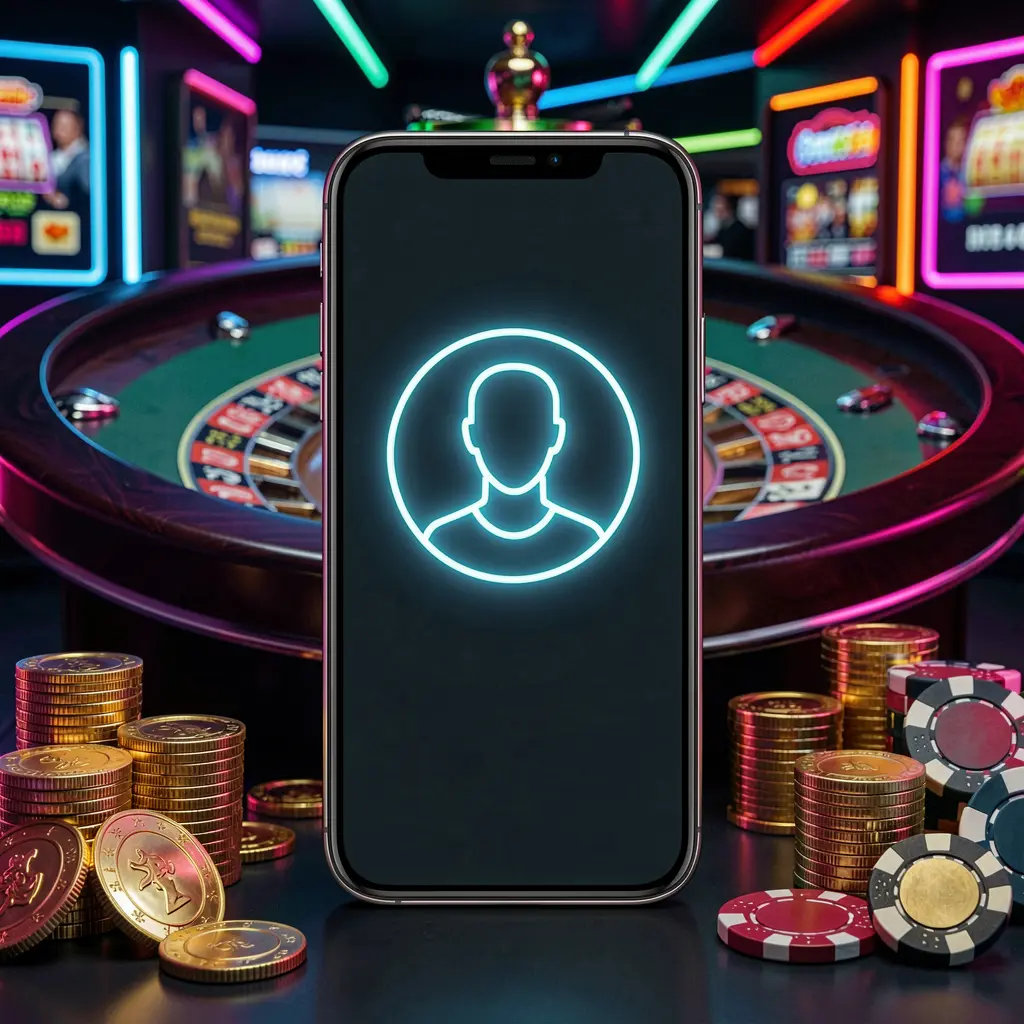 60DB online casino login hero image featuring a modern phone with glowing profile icon centered, roulette lights in the background, golden coins and poker chips in a premium dark neon atmosphere