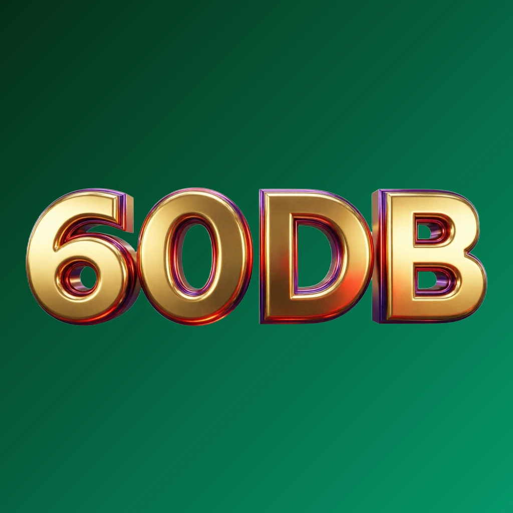 Bright premium 60DB logo with thick uppercase typography in vivid gold, red, and purple colors, featuring a polished metallic finish and strong visual impact on a transparent background, designed as a wide horizontal rectangular wordmark for website headers