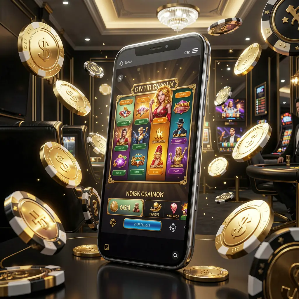 60DB modern online casino main page displayed on a smartphone with glowing gaming interface, surrounded by flying coins and chips in a black and gold luxury atmosphere